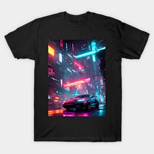 Dark Neon City Sports Car T-Shirt